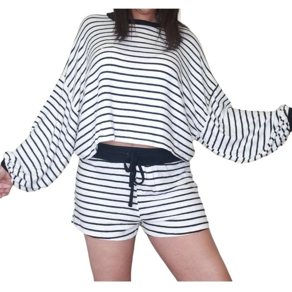 Free People Other - FREE PEOPLE Movement striped knit lounge pajama shorts top set ivory black S NEW